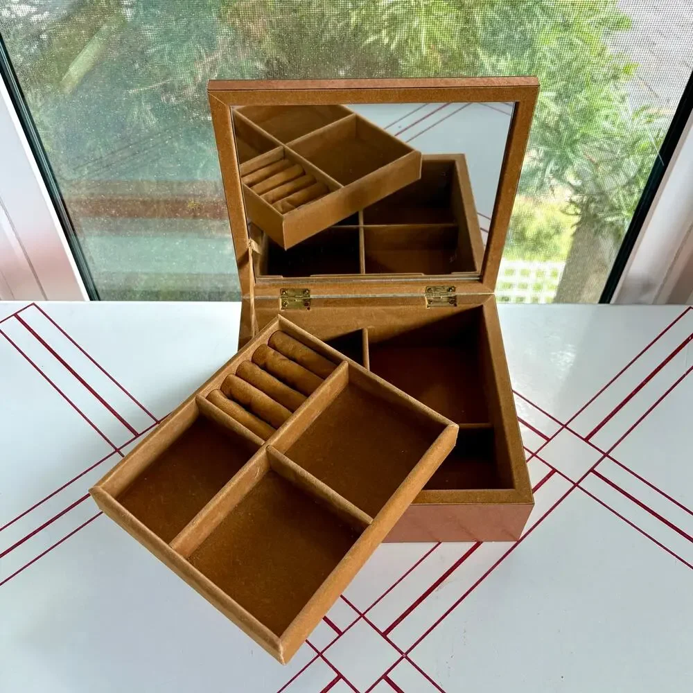 Vintage Mirrored Jewelry Box with 2 Removable Velvet Trays Brown Finish